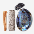 Protection Ritual Set with white sage smudge stick, palo santo, black tourmaline crystal and abalone shell for spiritual cleansing, energy clearing and meditation.