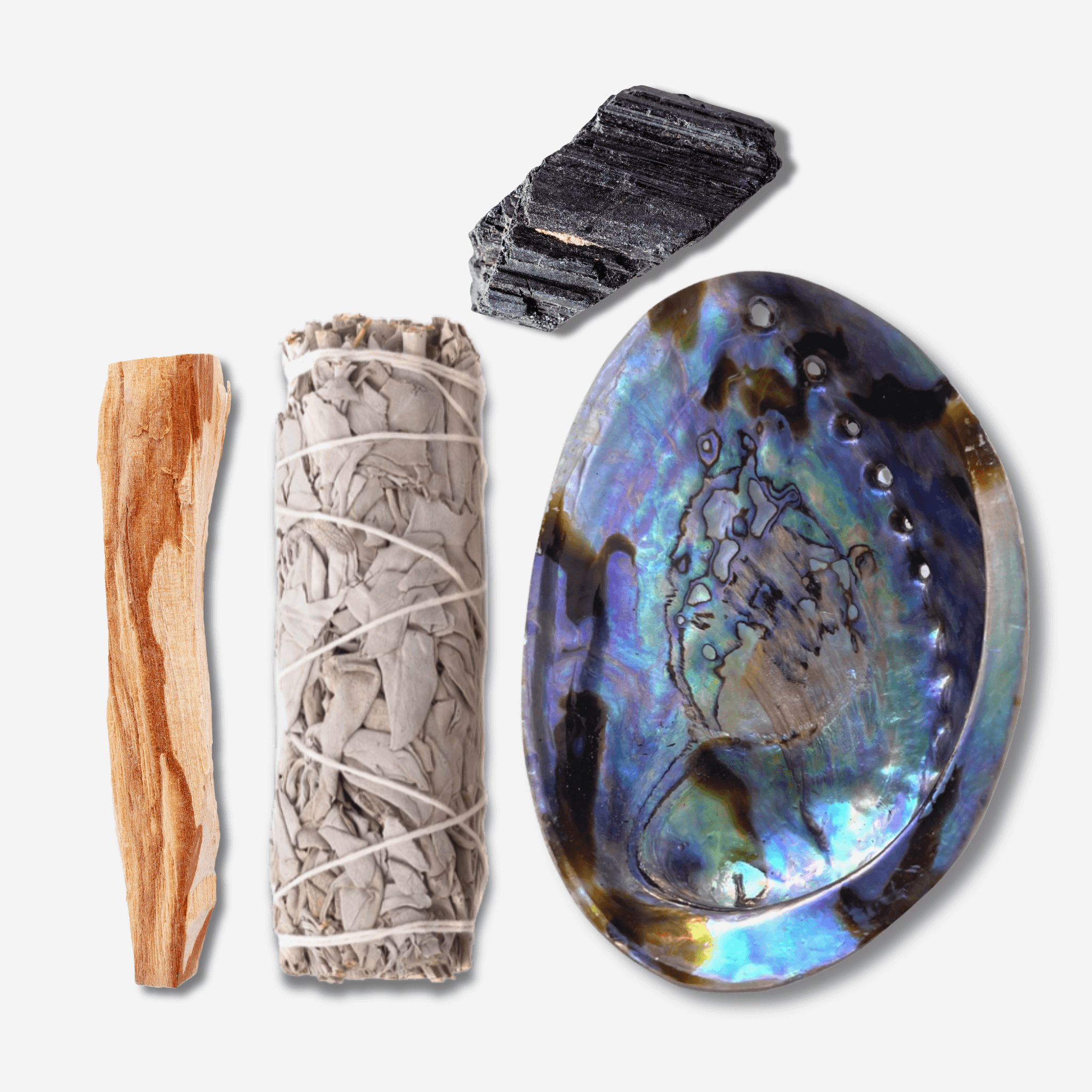Protection Ritual Set with white sage smudge stick, palo santo, black tourmaline crystal and abalone shell for spiritual cleansing, energy clearing and meditation.