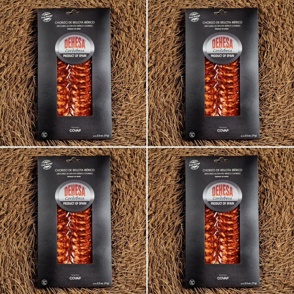 aDehesa Cordobesa Chorizo de Bellota Ibérico sliced sausage package on a rustic woven background, showcasing premium acorn-fed Spanish Ibérico chorizo in retail packaging.
