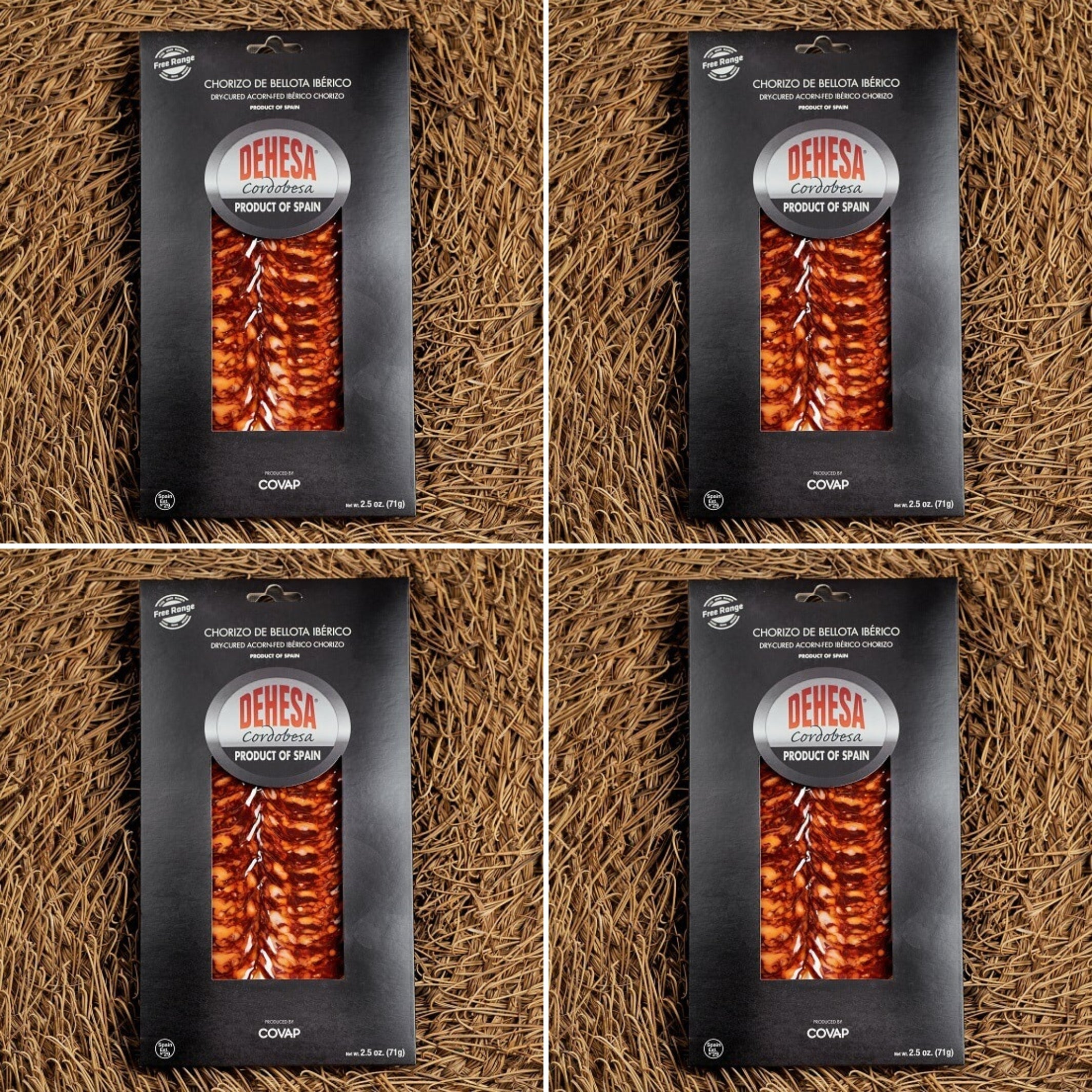 aDehesa Cordobesa Chorizo de Bellota Ibérico sliced sausage package on a rustic woven background, showcasing premium acorn-fed Spanish Ibérico chorizo in retail packaging.