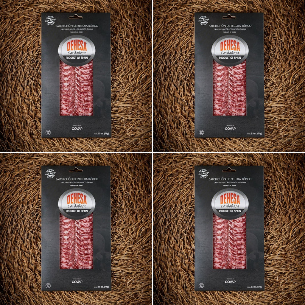 Dehesa Cordobesa Salchichón de Bellota Ibérico sliced salami package displayed on a rustic woven brown background, showcasing premium Spanish acorn-fed Ibérico cured sausage in retail packaging.