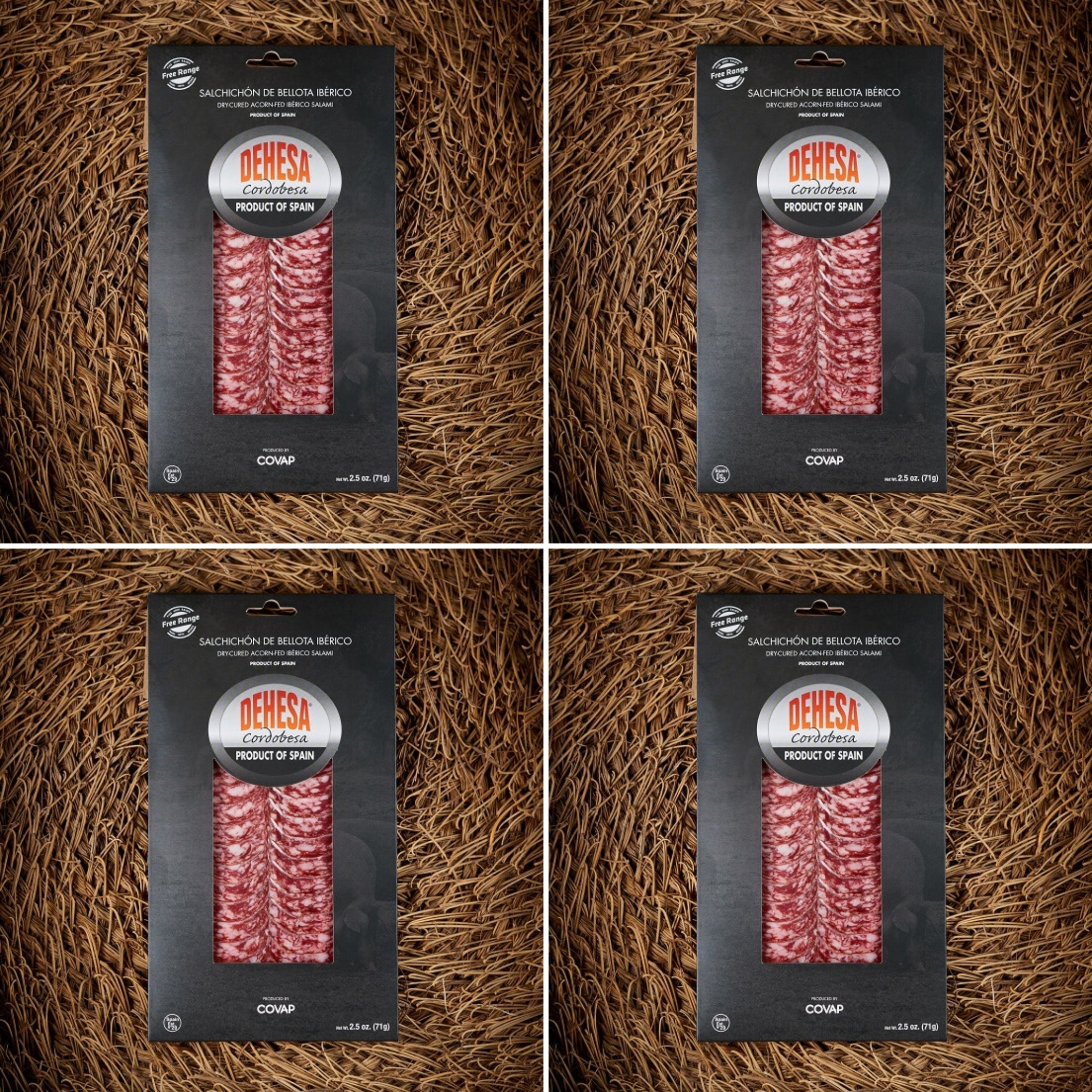 Dehesa Cordobesa Salchichón de Bellota Ibérico sliced salami package displayed on a rustic woven brown background, showcasing premium Spanish acorn-fed Ibérico cured sausage in retail packaging.