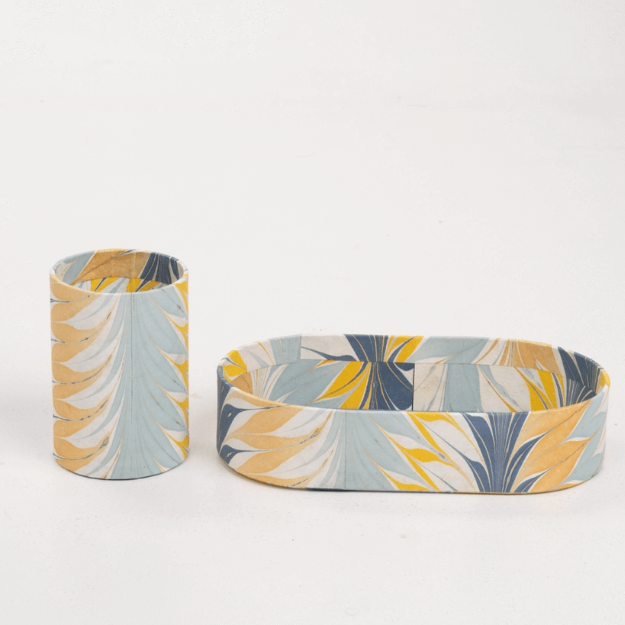 HAND-MARBLED TRAY + CUP SET - GOLDEN BLUE