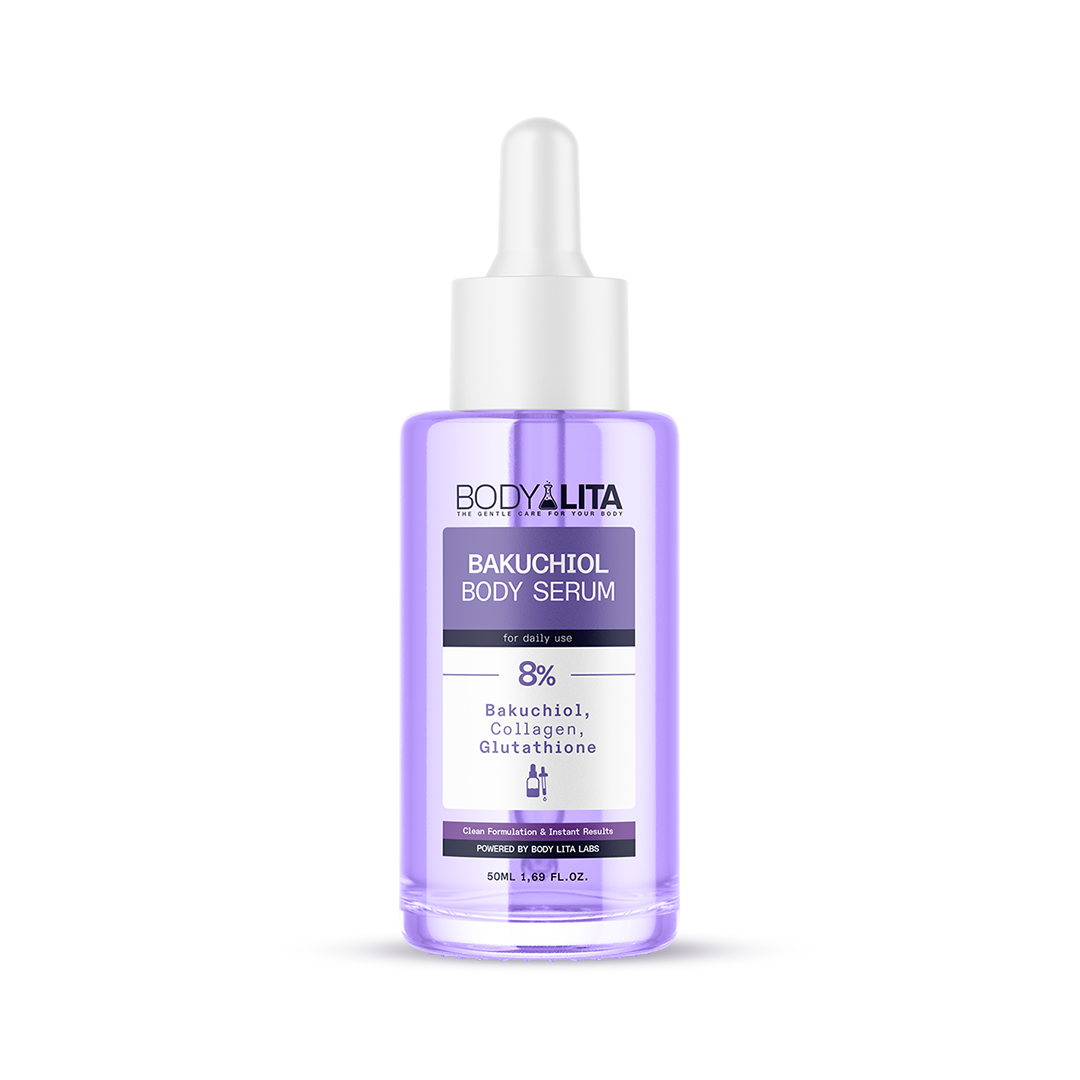 BodyLita Bakuchiol 8% Active Body Serum in a lavender glass dropper bottle with bakuchiol, collagen, and glutathione, anti-aging retinol alternative skincare, 50 ml.