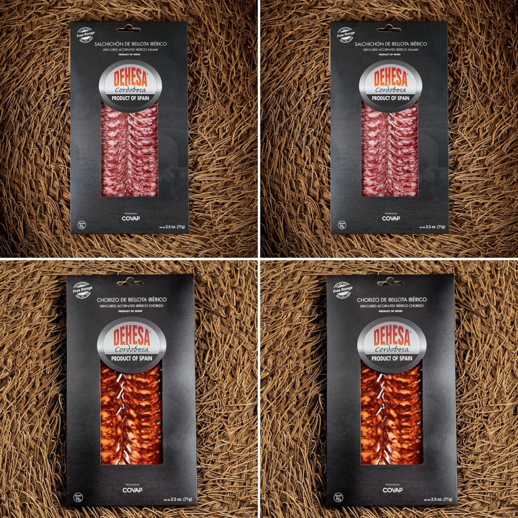Dehesa Cordobesa Chorizo and Salchichón de Bellota Ibérico 4-pack featuring two packs of sliced Ibérico chorizo and two packs of sliced Ibérico salchichón on a rustic brown textured background.