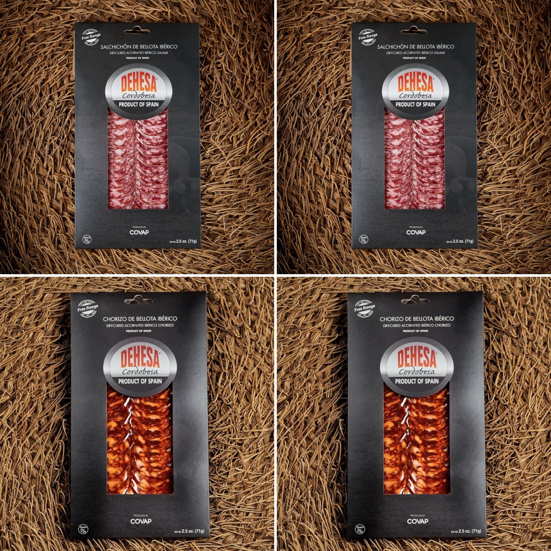 Dehesa Cordobesa Chorizo and Salchichón de Bellota Ibérico 4-pack featuring two packs of sliced Ibérico chorizo and two packs of sliced Ibérico salchichón on a rustic brown textured background.