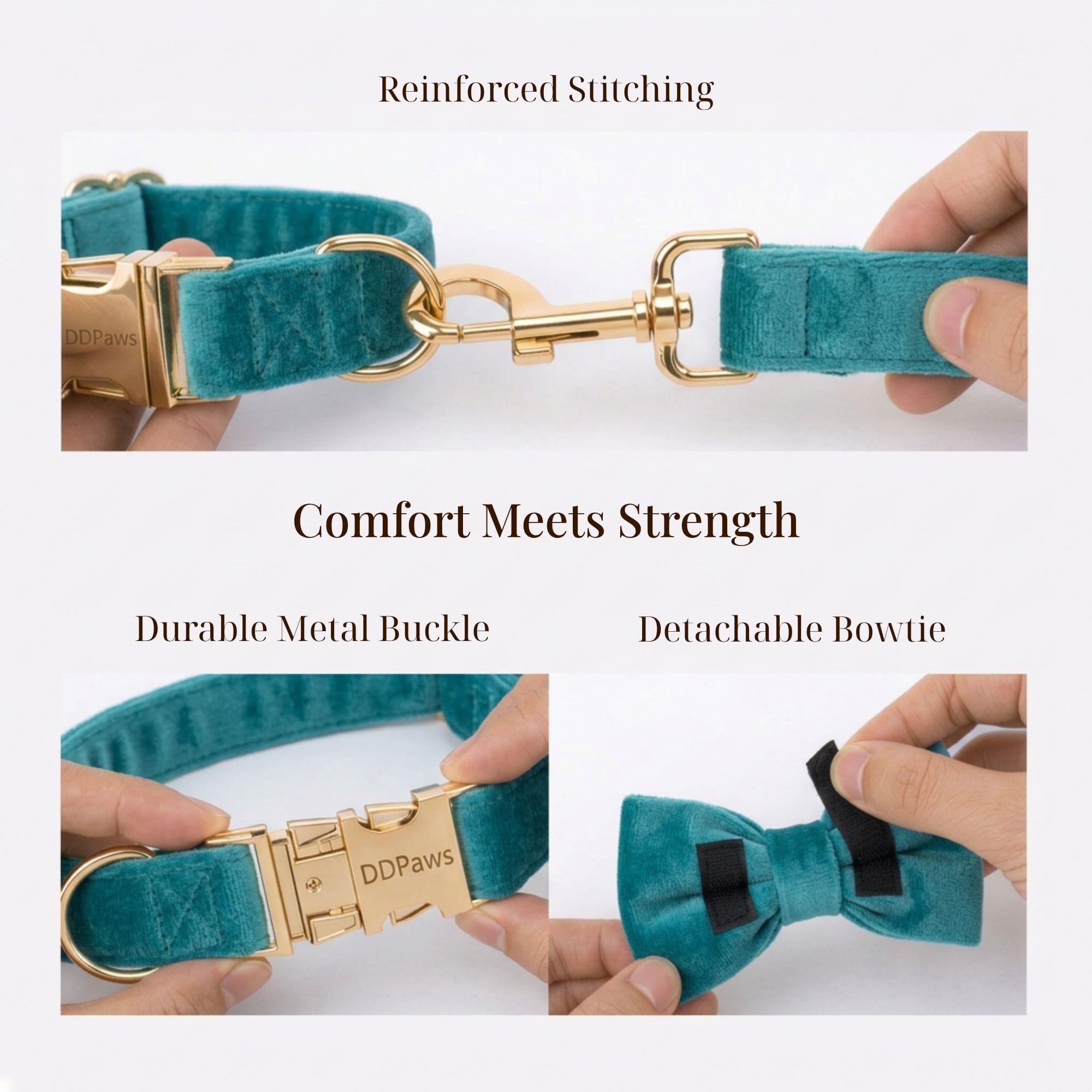 Teal dog collar with gold buckle and detachable bowtie, highlighting reinforced stitching, durable metal buckle, and comfort features. Comfortable dog collar and harness set in teal color and gold metal snap buckle. 