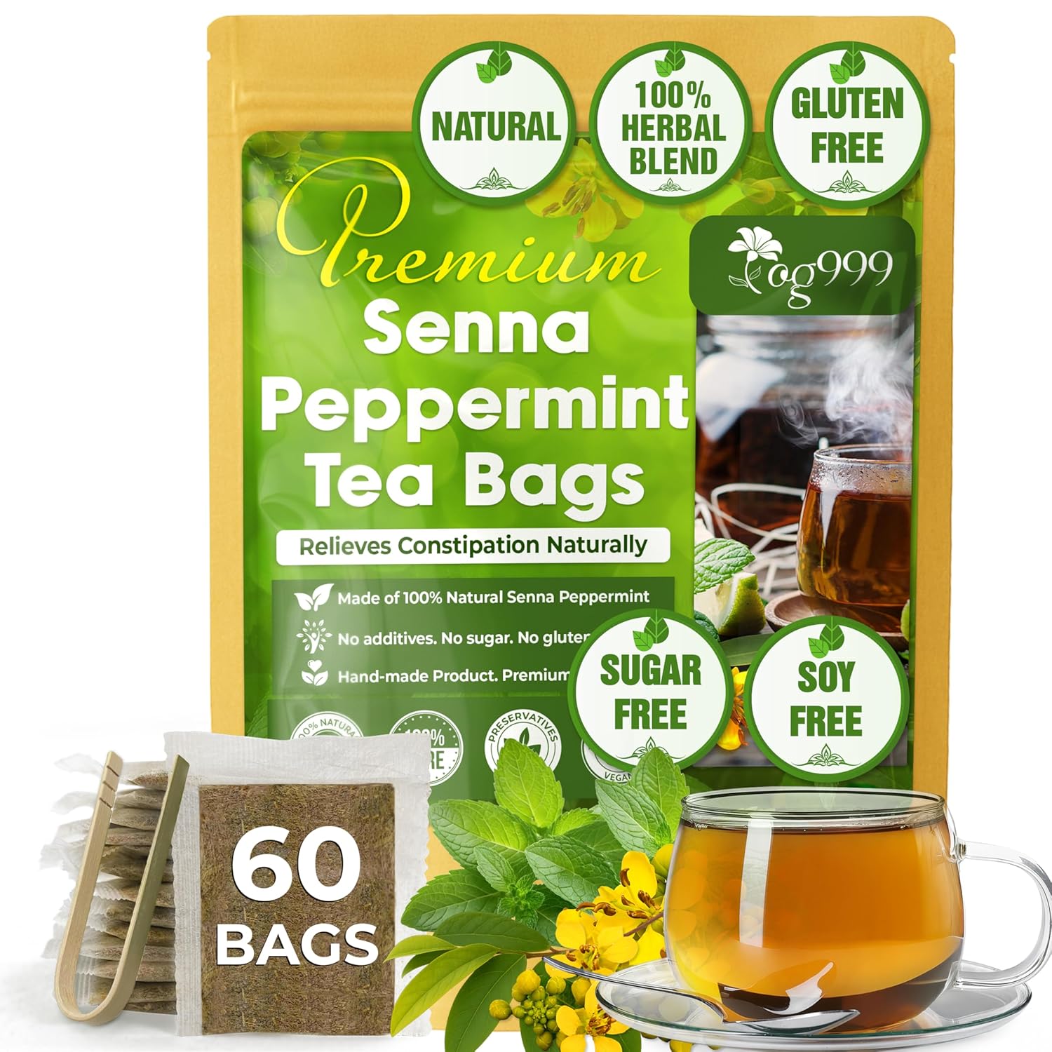 Premium Senna Peppermint Tea Bags. Relieves Constipation Natural Tea