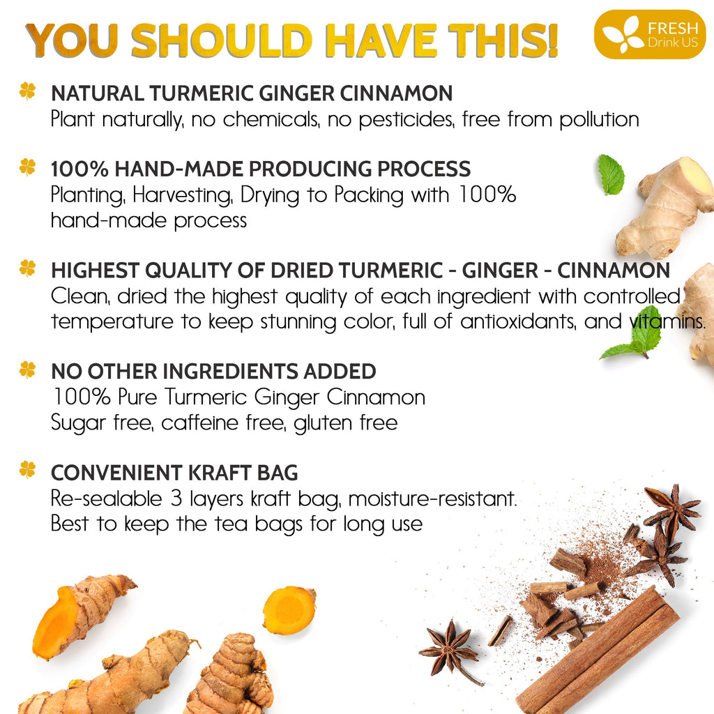 Turmeric, Ginger, Cinnamon Tea, Tea Bags, 100% Natural, Hand-made Blend of Turmeric, Ginger, and Cinnamon. Eco-conscious Tea Bags. Turmeric Ginger Herbal Tea. No Sugar, No Caffeine, No Gluten, Vegan