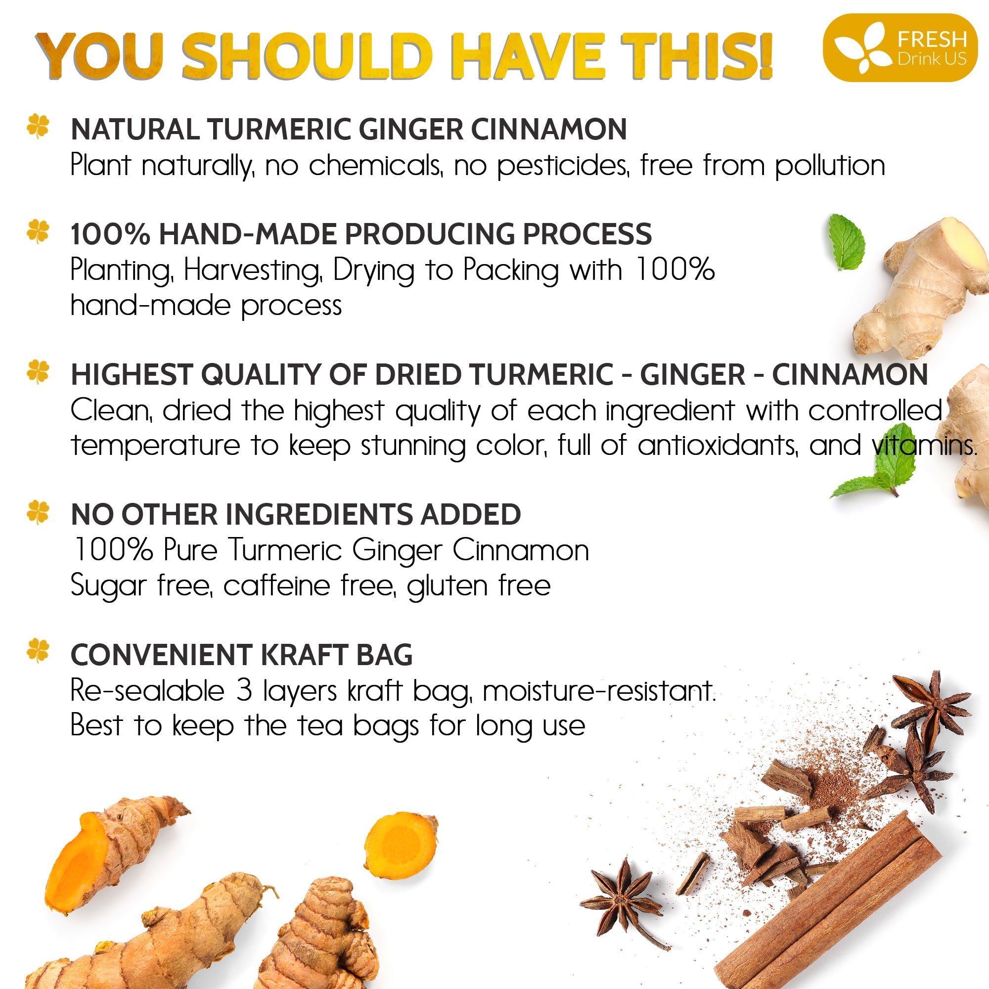 Turmeric, Ginger, Cinnamon Tea, Tea Bags, 100% Natural, Hand-made Blend of Turmeric, Ginger, and Cinnamon. Eco-conscious Tea Bags. Turmeric Ginger Herbal Tea. No Sugar, No Caffeine, No Gluten, Vegan