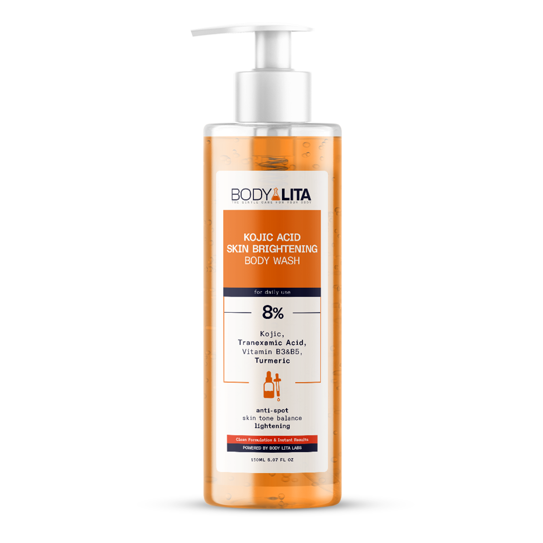 BodyLita Kojic Acid Brightening Body Wash bottle with Kojic Acid, Turmeric, and Lemon Peel Extract for dark spots, uneven skin tone, and daily skin brightening.