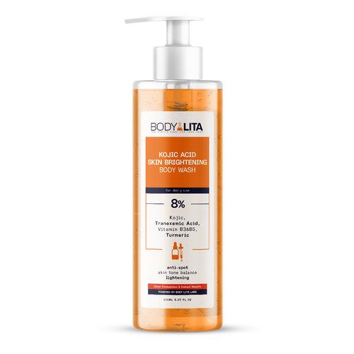BodyLita Kojic Acid Brightening Body Wash bottle with Kojic Acid, Turmeric, and Lemon Peel Extract for dark spots, uneven skin tone, and daily skin brightening.