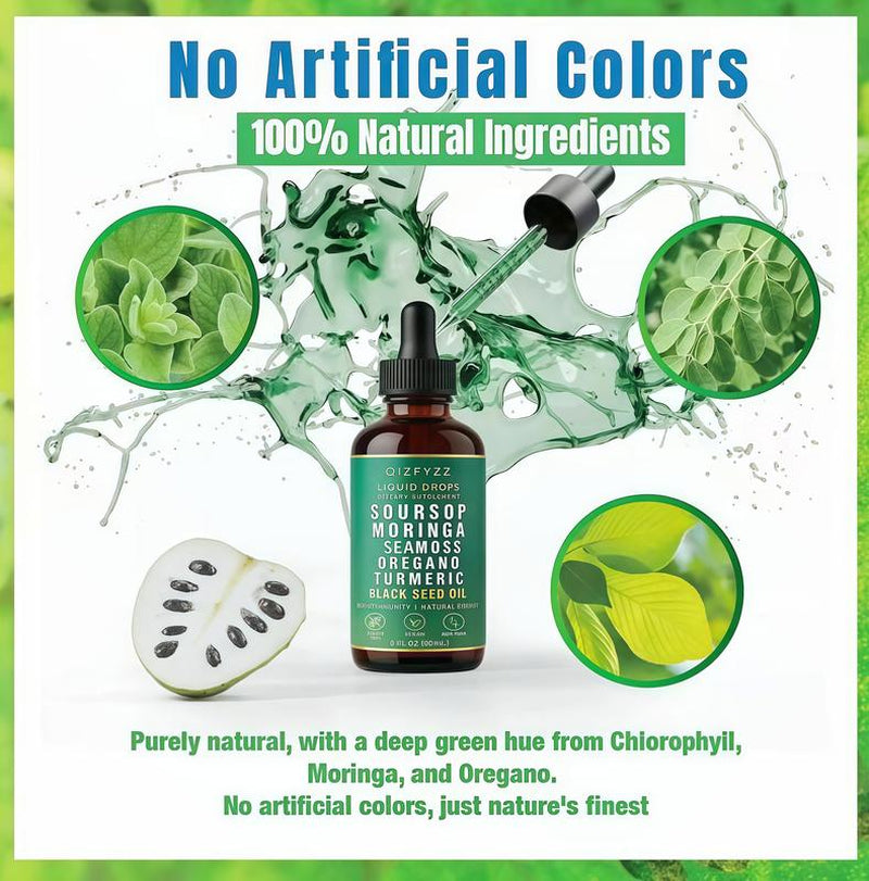  Bottle Soursop Bitters Liquid Drops 10-In-1 with Nori, Moringa, Turmeric, Black Seed Oil, Oregano, Ashwagandha Herbal Extracts for Overall Health Vegan, Non-Qz 2 Fl Oz Bathroom Fitness Dietary Supplement. Purely natural with a deep green hue from Chlorophyll, Moringa, and Oregano, No artificial colors, just nature's finest.