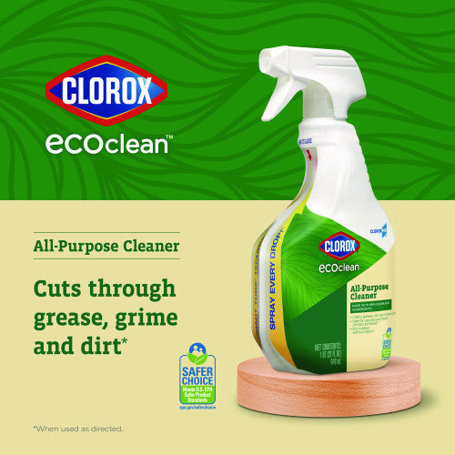 Clorox ecoClean all-purpose cleaner bottle on a green and beige background