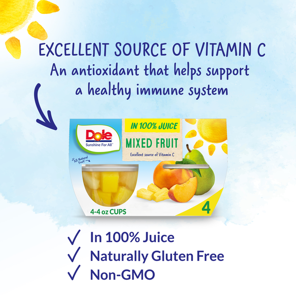 Dale brand mixed fruit juice pouch with vitamin C benefits on a light blue background Dole Fruit Juice, Cherry Mixed Fruit