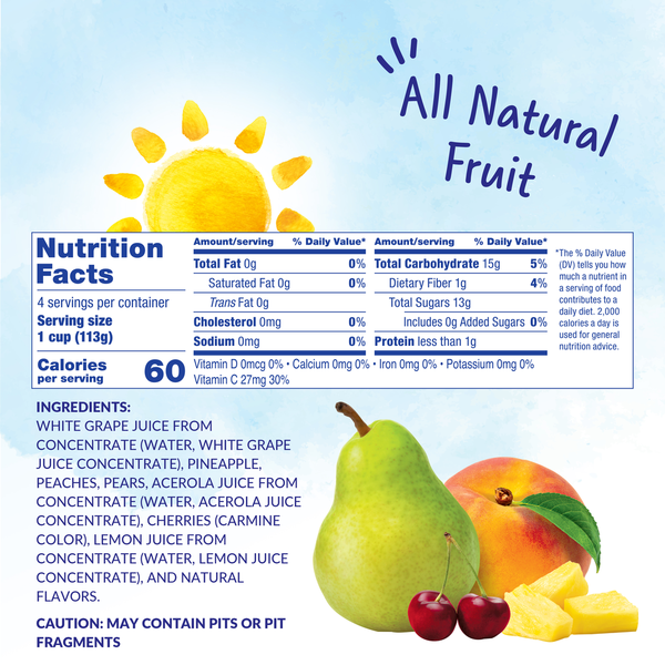 Nutrition facts label for a fruit juice product with images of fruits and a sun icon. Dole Fruit Juice, Cherry Mixed Fruit