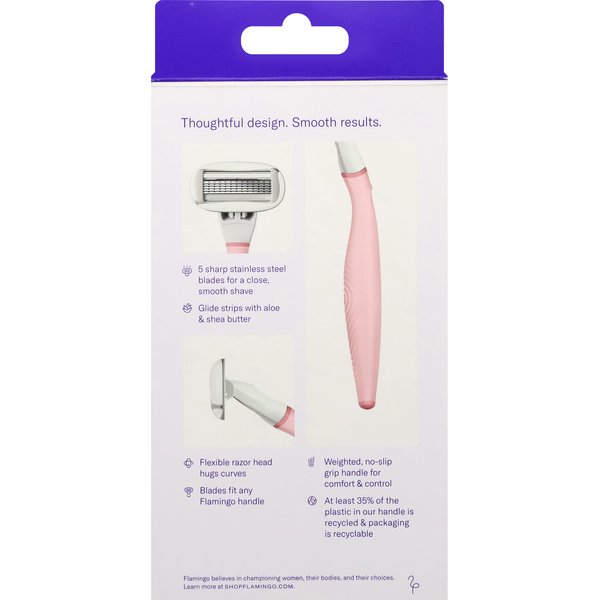 Pink and white razor with packaging on a white background. Flamingo Rose Razor