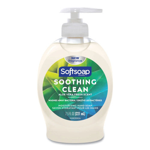 Softsoap hand soap bottle with pump on a white background. Softsoap Moisturizing Hand Soap, Aloe Scent, 7.5 oz, 6/Carton (45634)
