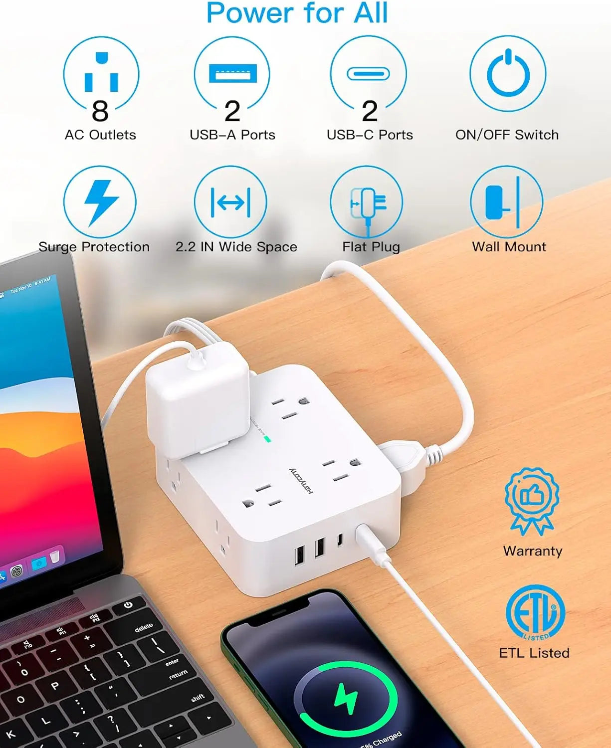 Power strip with multiple outlets and ports on a desk next to a laptop and phone, with certification logos displayed. Surge Protector Power Strip with 8 Outlets and 4 USB Ports, Ultra Thin Flat Plug for Home Office Dorm Essentials. This power strip has 8 AC Outles, 2 USB-A Ports, 2 USB-C Ports, ON/OFF Switch, Surge Protection, 2.2 IN Wide Space, Flat Plug, Wall Mount with a warranty and ETL Listed credentials. 