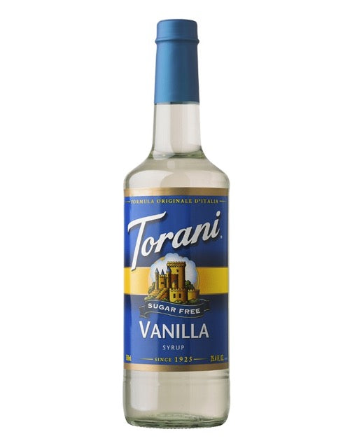 A bottle of Torani Vanilla Sugar Free syrup, 500ml, featuring a blue and yellow label with the brand name 'Torani' in white script, set against a plain white background.