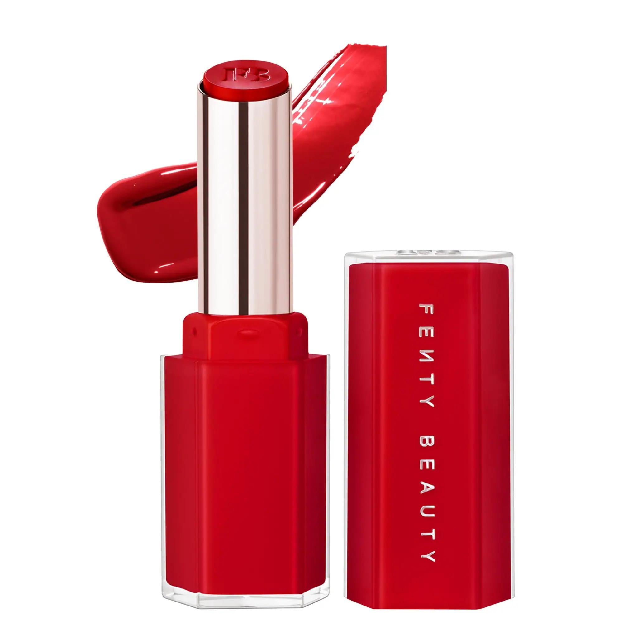 Red lipstick with open case on a white background, featuring Fenty Beauty branding. Fenty Beauty Gloss Bomb Stix High-Shine Gloss Stick - Vegan, Cruelty-Free, Hydrating Lip Color with Vitamin E & Shea Butter