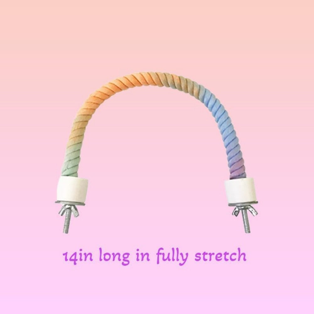 Colorful gradient bird rope perch with secure white end caps, flexible bendable climbing perch for parrots, parakeets, cockatiels, lovebirds, budgies, conures, and other small pet birds. 14-inch spiral perch designed for bird cages and active play.