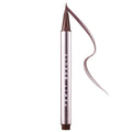 Fenty Beauty liquid eyeliner pen in a metallic silver tube with a dark brown tip, shown with a curved swatch of the brown liquid formula on a white background.