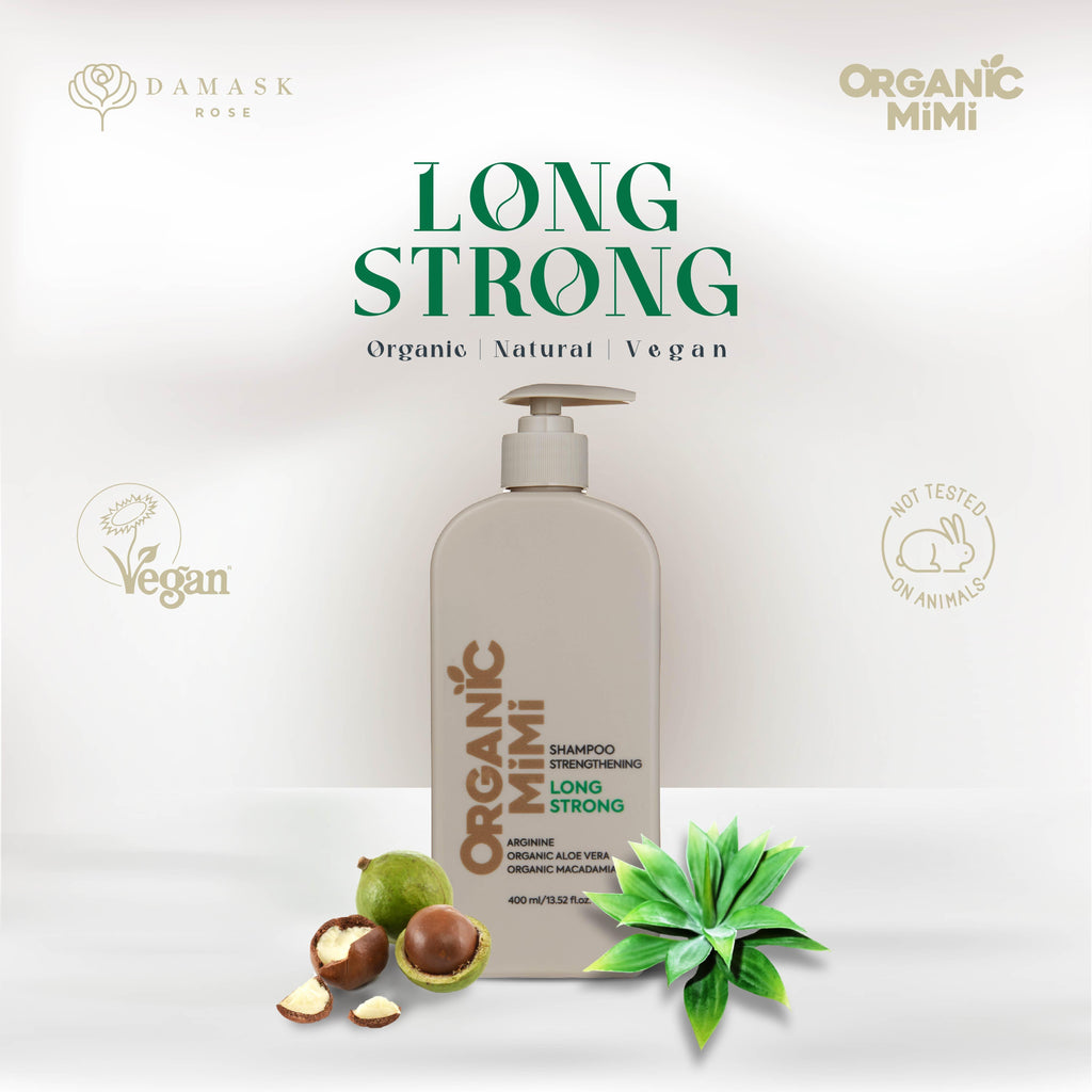 ORGANIC MIMI Long Strong Strengthening Shampoo 400 ml with arginine, organic aloe vera and macadamia oil. Natural vegan hair care for stronger, nourished, moisturized, smooth and shiny hair. Cruelty-free shampoo not tested on animals, displayed with aloe and macadamia nuts.