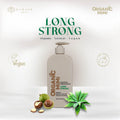ORGANIC MIMI Long Strong Strengthening Shampoo 400 ml with arginine, organic aloe vera and macadamia oil. Natural vegan hair care for stronger, nourished, moisturized, smooth and shiny hair. Cruelty-free shampoo not tested on animals, displayed with aloe and macadamia nuts.