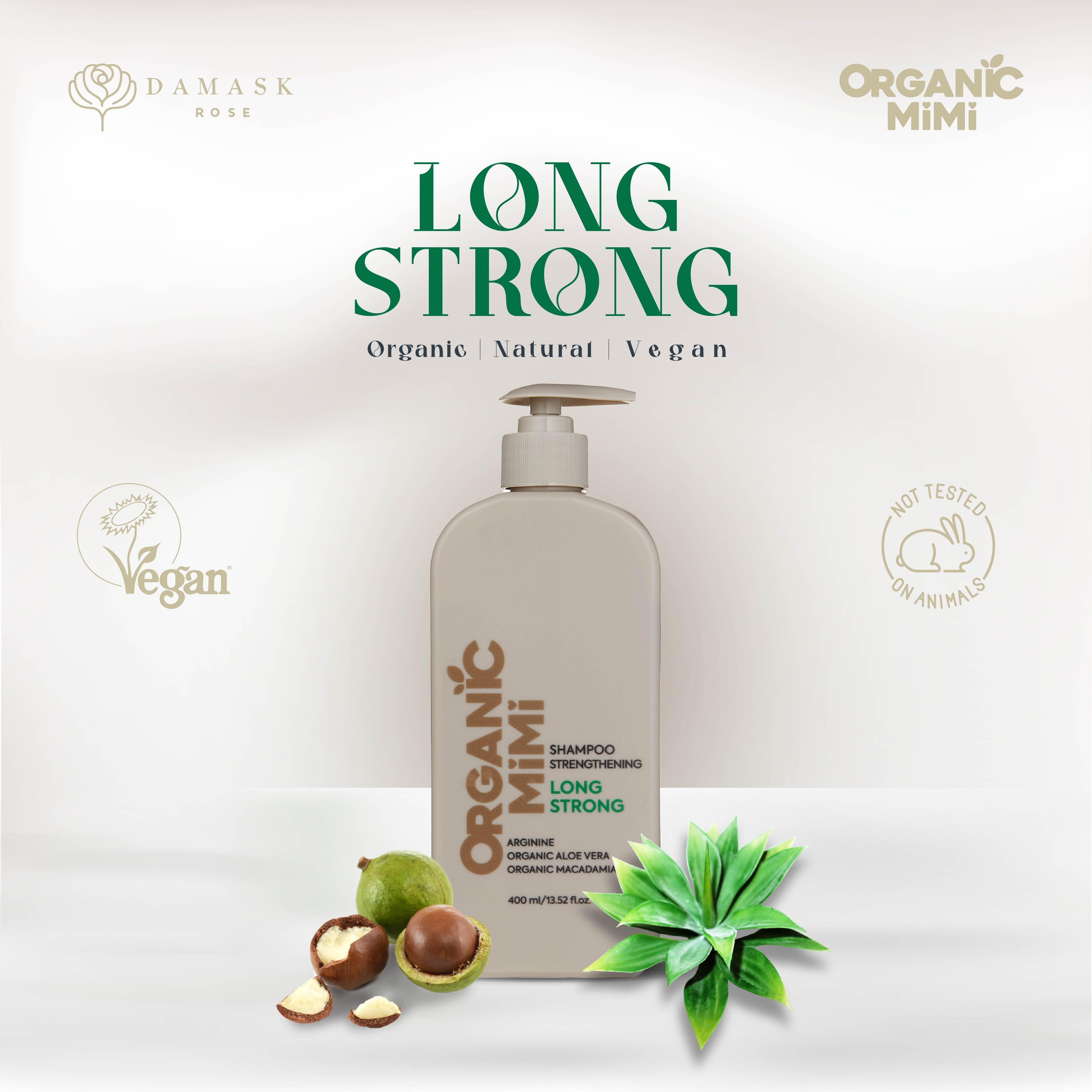 ORGANIC MIMI Long Strong Strengthening Shampoo 400 ml with arginine, organic aloe vera and macadamia oil. Natural vegan hair care for stronger, nourished, moisturized, smooth and shiny hair. Cruelty-free shampoo not tested on animals, displayed with aloe and macadamia nuts.