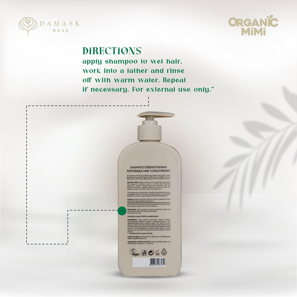 Organic Mimi Long Strong Strengthening Shampoo 400 ml pump bottle with directions for use, arginine, organic aloe vera and macadamia oil. Vegan cruelty-free hair care for fragile hair, strength, moisture, smoothness and shine.
