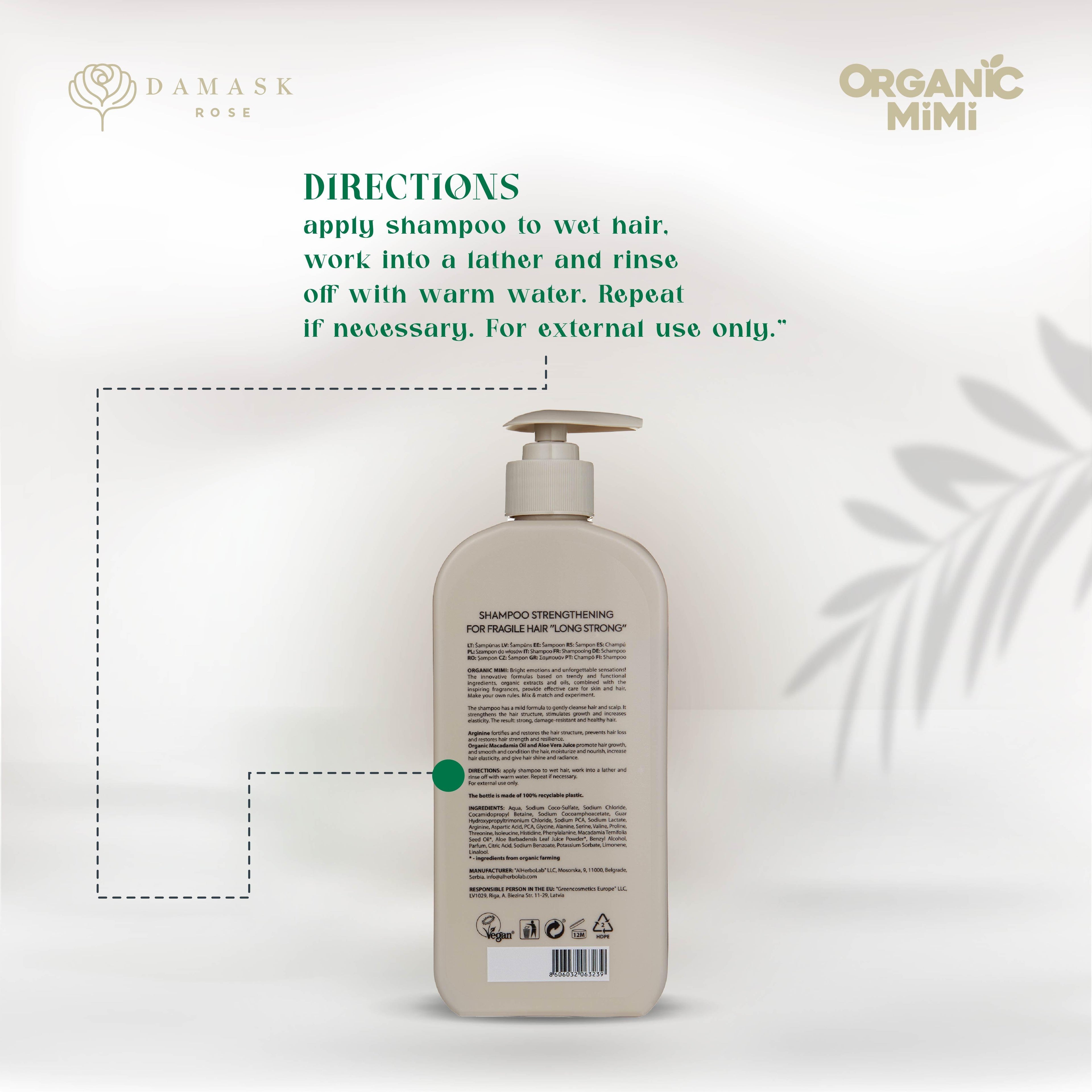 Organic Mimi Long Strong Strengthening Shampoo 400 ml pump bottle with directions for use, arginine, organic aloe vera and macadamia oil. Vegan cruelty-free hair care for fragile hair, strength, moisture, smoothness and shine.