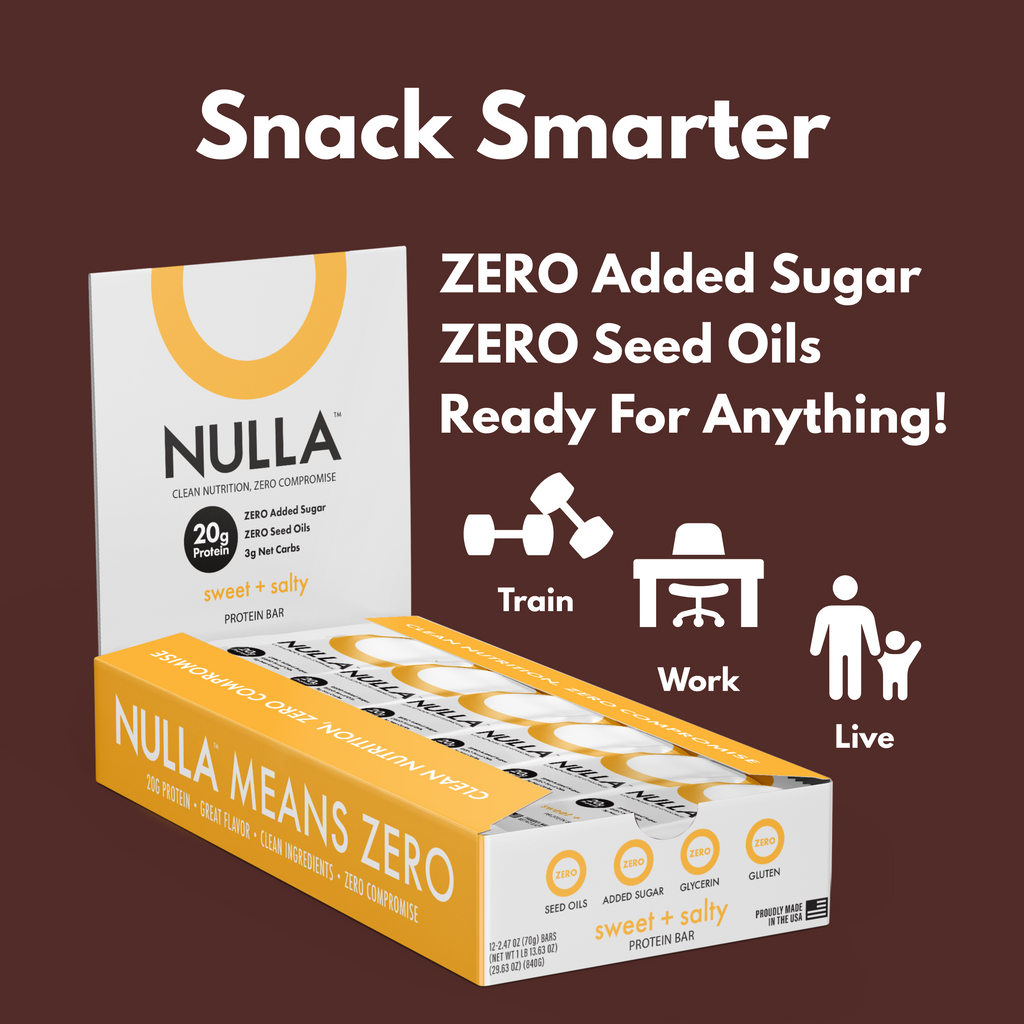 Boxes of Nulla protein bars with text highlighting zero added sugar and seed oils on a brown background.