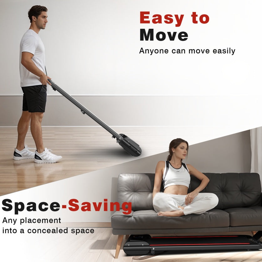 Promotional graphic showing a man pushing a long, slim vacuum cleaner in a room, and a woman sitting on a sofa with the vacuum tucked into a hidden space underneath. Text reads 'Easy to Move' and 'Space-Saving'.