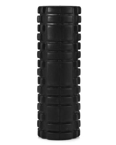 Black foam roller on a white background
