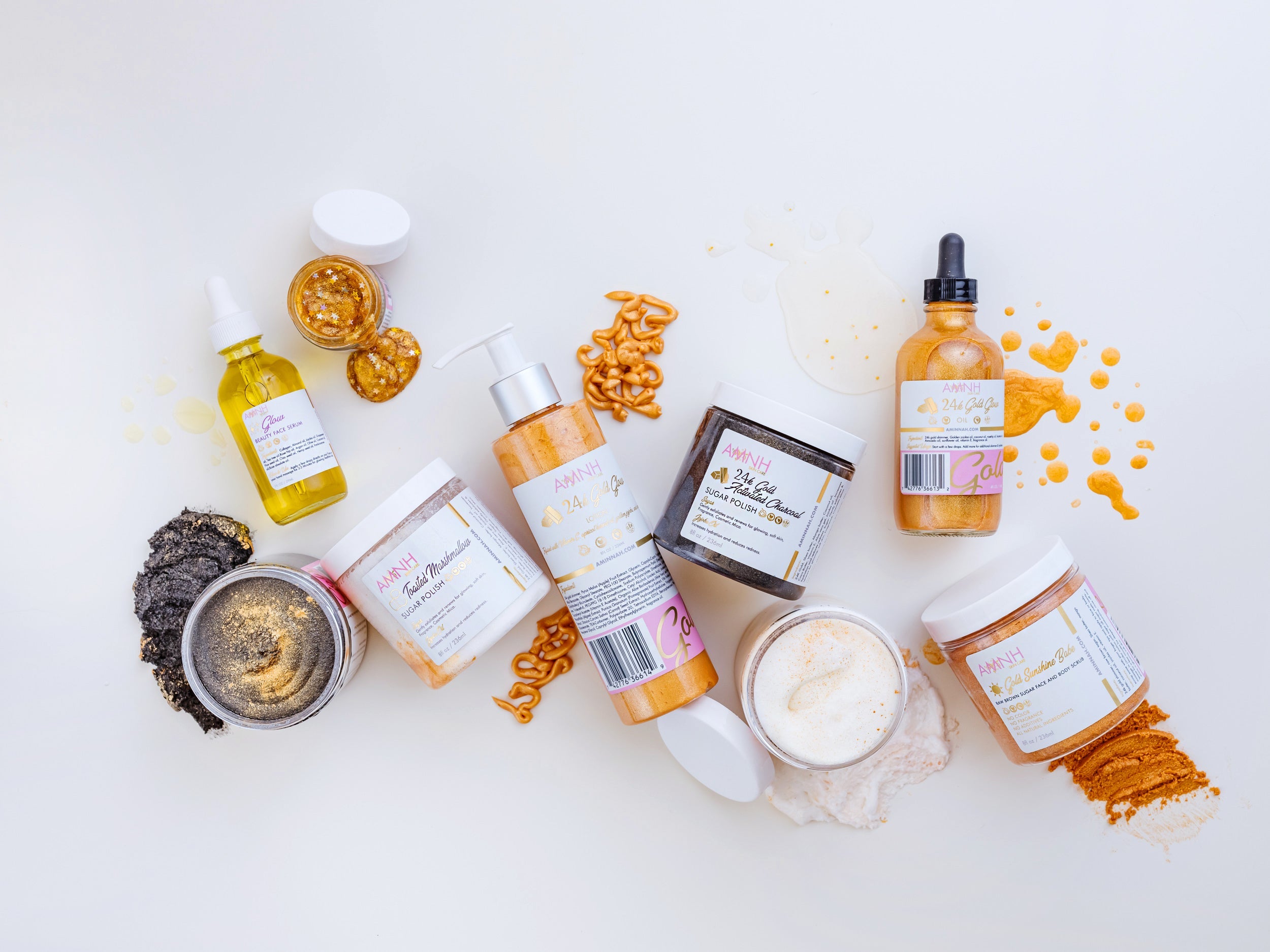 24K Gold Bundle clean beauty skincare collection featuring vegan, cruelty-free body scrub, glow lotion, body oil, polishing scrub, and whipped body butter made with natural ingredients. Female-owned brand offering radiant self-care essentials for soft, nourished, glowing skin.