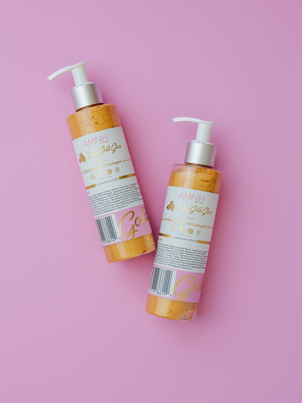 24K Gold Glow Lotion duo from the 24K Gold Bundle featuring clean beauty, cruelty-free, vegan skincare made with natural ingredients. Nourishing body lotion from a female-owned brand designed to help leave skin soft, hydrated, radiant, and glowing.