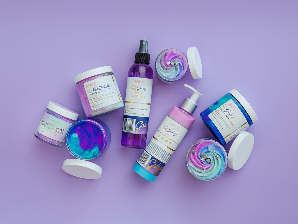 "Star Dust Skies" Whipped Body Butter collection featuring whipped body butter, body lotion, and body mist with natural ingredients for deeply hydrated, silky-soft skin. Clean beauty, cruelty-free, vegan, paraben-free, gluten-free skincare in recyclable packaging from a female-owned brand, perfect for nourishing and moisturizing all skin types.