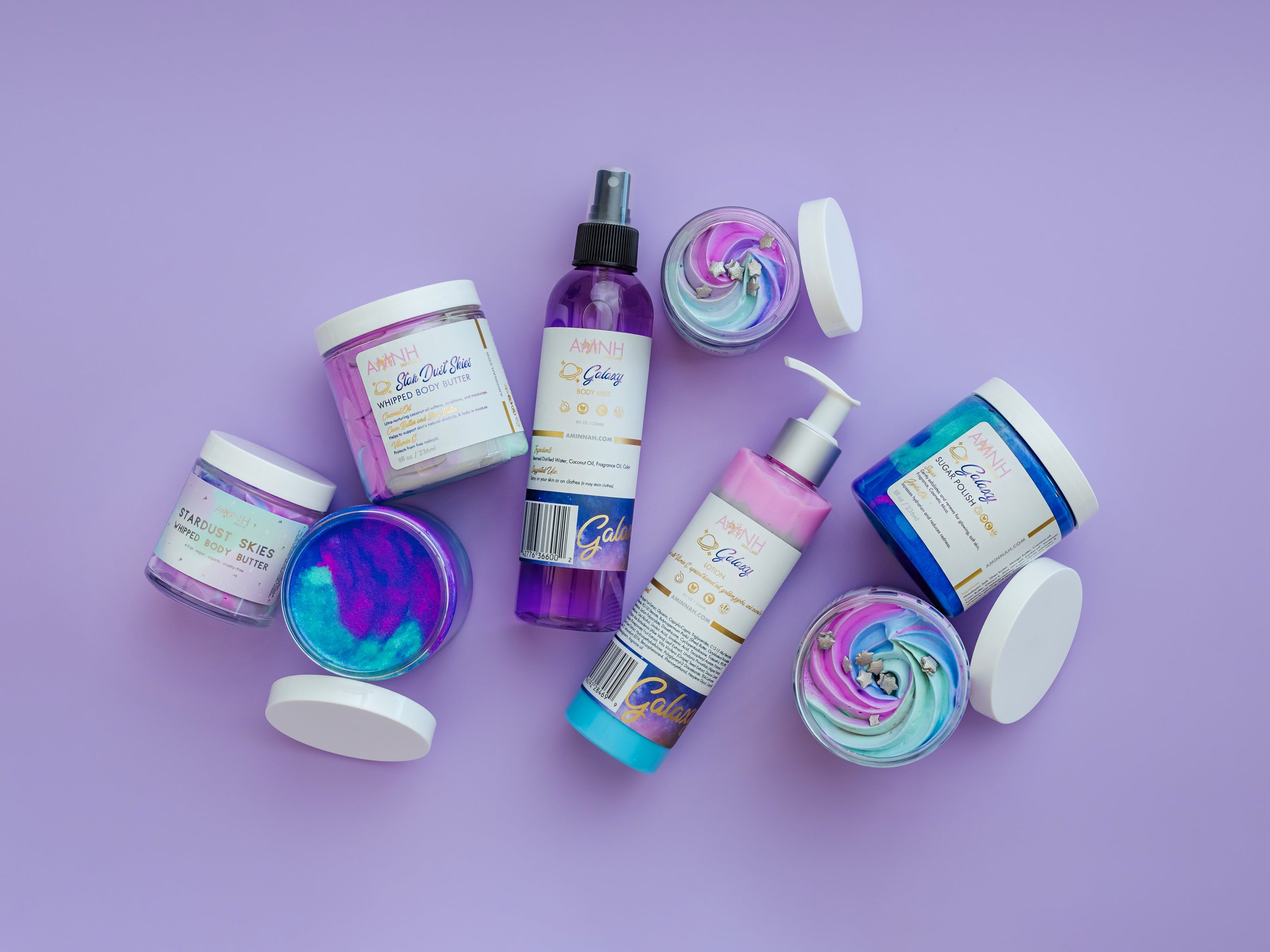 "Star Dust Skies" Whipped Body Butter collection featuring whipped body butter, body lotion, and body mist with natural ingredients for deeply hydrated, silky-soft skin. Clean beauty, cruelty-free, vegan, paraben-free, gluten-free skincare in recyclable packaging from a female-owned brand, perfect for nourishing and moisturizing all skin types.