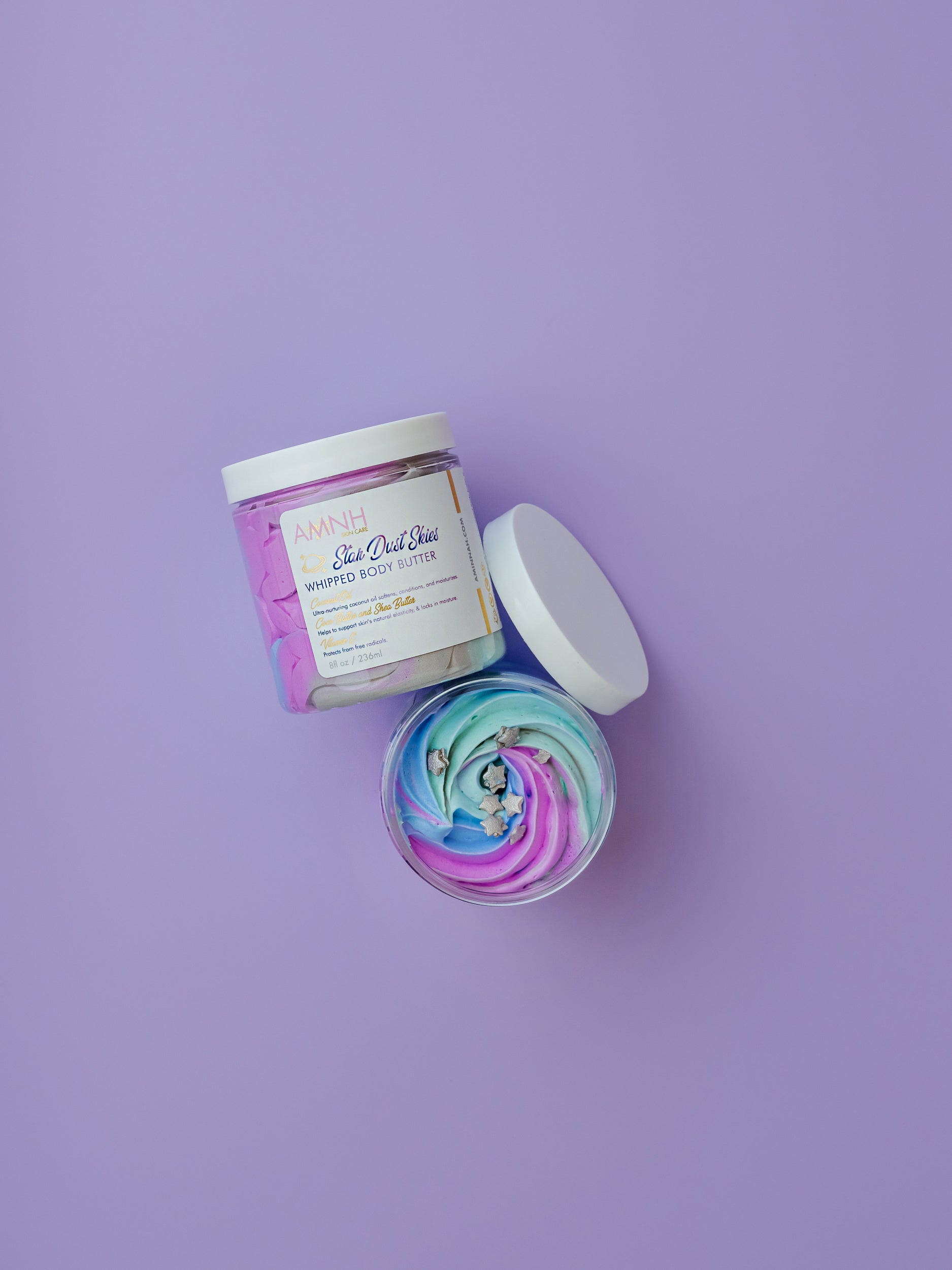 "Star Dust Skies" Whipped Body Butter with natural ingredients for deep hydration and silky-soft skin. Clean beauty, cruelty-free, vegan, paraben-free, and gluten-free body butter in recyclable packaging from a female-owned brand. Nourishing daily moisturizer for all skin types.