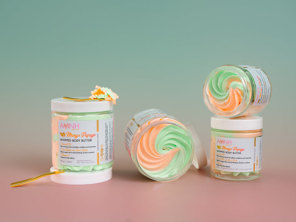 Mango Papaya Whipped Body Butter by a female-owned brand featuring clean beauty skincare with natural ingredients. This vegan, cruelty-free body butter deeply moisturizes and nourishes dry skin, leaving skin soft, smooth, and radiant with a refreshing tropical mango papaya scent.