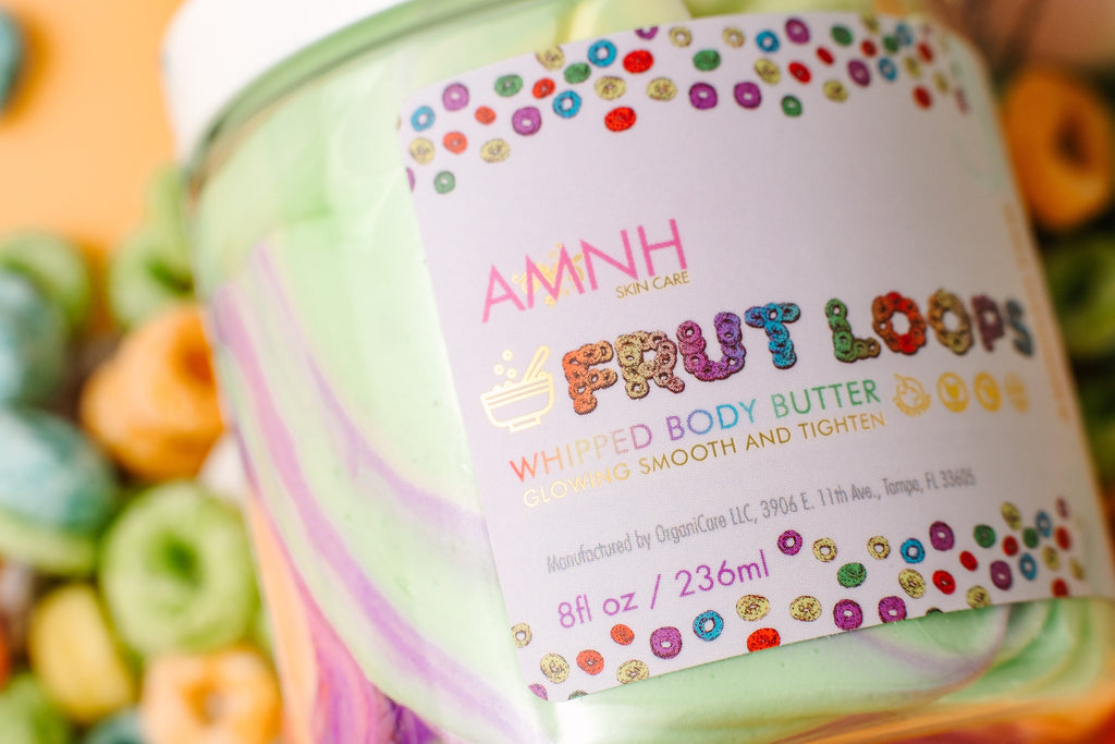 AMINNAH Frut Loops Whipped Body Butter with colorful whipped swirls in an 8 oz jar. Clean beauty, cruelty-free, vegan body butter crafted with natural ingredients to deeply moisturize, soften, and nourish skin. Female-owned brand proudly made in the USA, available at Tree of Life Grocers.