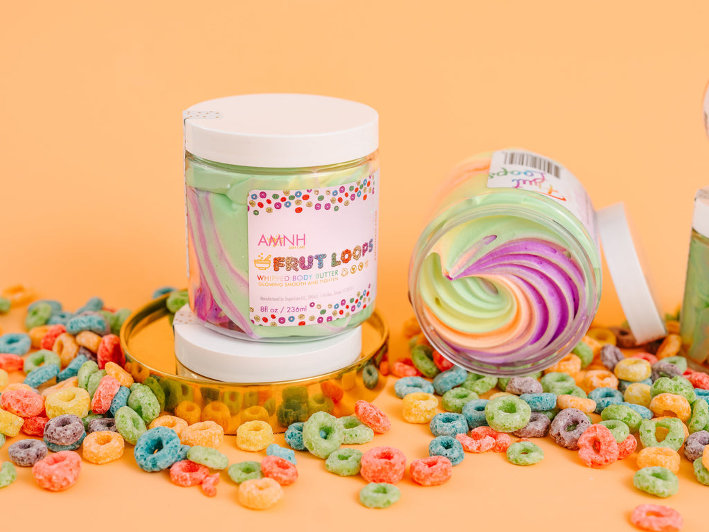 AMINNAH Frut Loops Whipped Body Butter in an 8 oz jar with colorful whipped swirls and cereal-inspired styling. Clean beauty body butter made with natural ingredients to deeply moisturize and nourish skin. Cruelty-free, vegan, female-owned brand, perfect for soft, smooth, healthy-looking skin, available at Tree of Life Grocers.