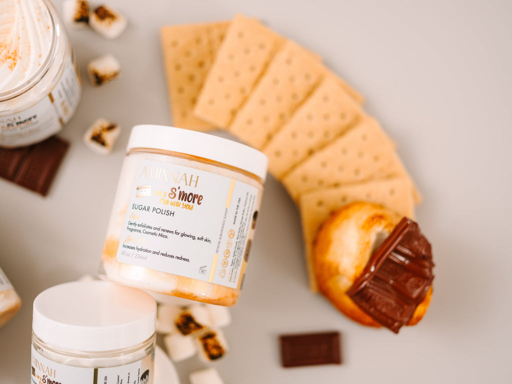 AMINNAH® Life is S’more Fun With You Sugar Scrub with toasted marshmallow scent, clean beauty vegan body exfoliator with natural ingredients, cruelty-free, paraben-free, gluten-free, recyclable packaging, moisturizing sugar polish, female-owned brand luxury skincare gift.