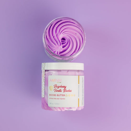 AMINNAH My Iced Gems Boob Butter in an open jar with purple whipped body butter swirled on a soft lavender background. Clean beauty, cruelty-free, vegan, made with naturally derived ingredients, and crafted by a female-owned brand. Available at Tree of Life Grocers.