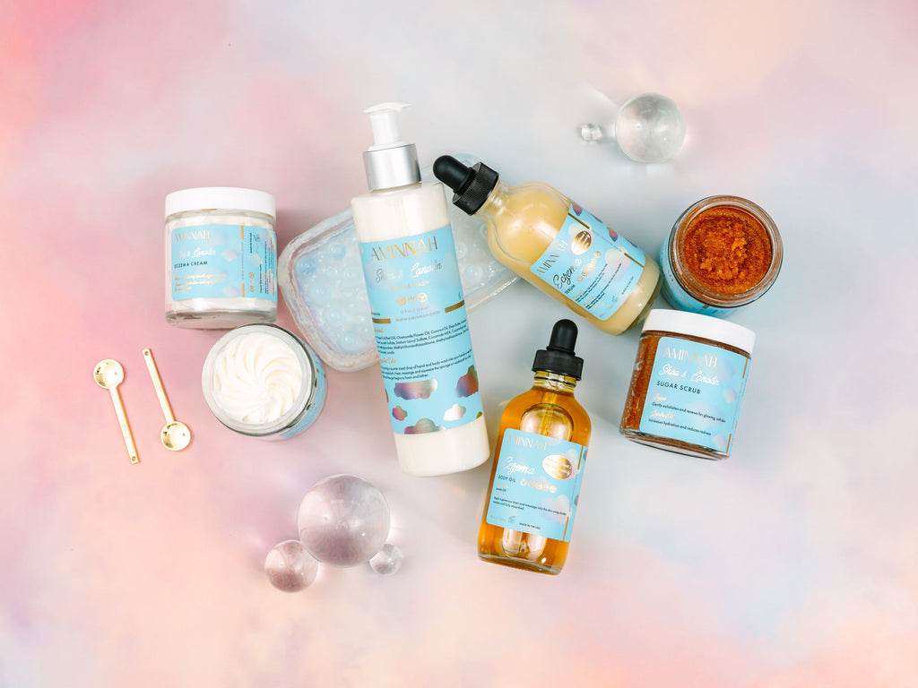 "Eczema" Body Collection featuring natural ingredient cream, serum, sugar scrub, body oil, cleanser, and lotion for dry, sensitive skin. Clean beauty, cruelty-free, vegan skincare from a female-owned brand made with nourishing botanical ingredients.