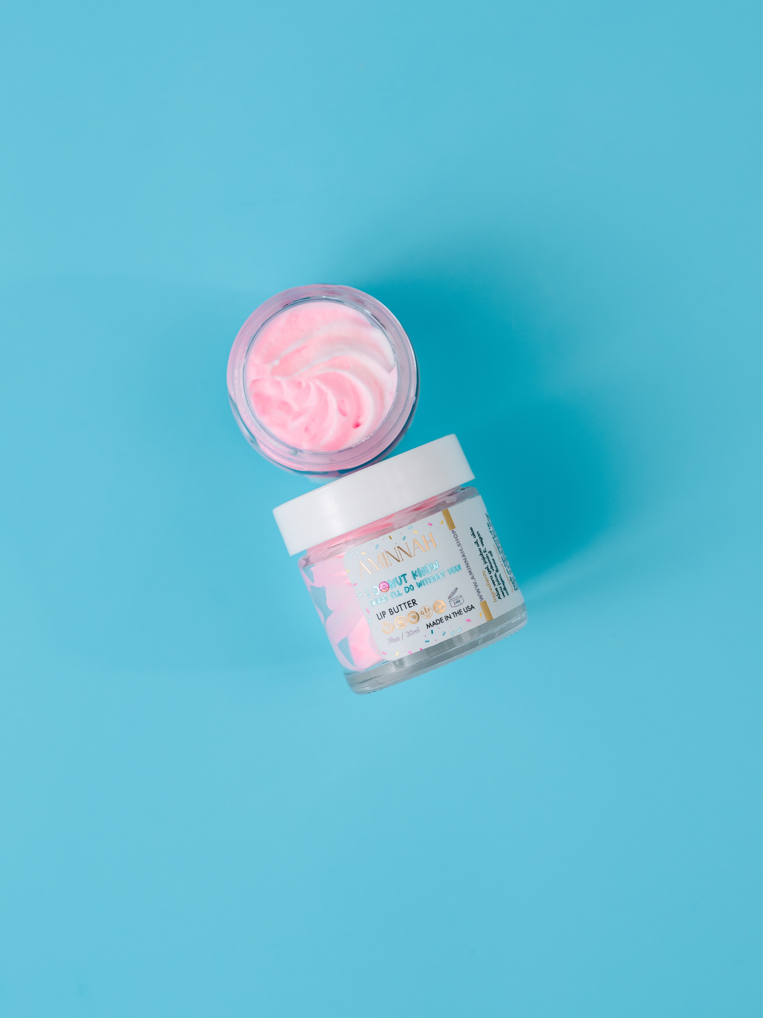 AMINNAH Lips Care Bundle featuring vegan lip balm and nourishing lip treatment made with natural ingredients for soft, smooth, hydrated lips. Clean beauty, cruelty-free skincare from a female-owned brand, perfect for daily lip care, self-care routines, and thoughtful gifting. The Aminnah I Donut Know What I'll Do Without You Vegan Lip Scrub display image.