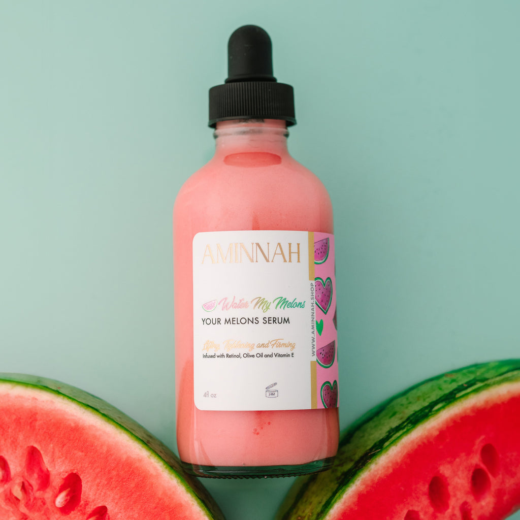 "Water My Melons" serum bottle from the Water My Melons Skincare Bundle with watermelon extract, vitamin E, retinol and olive oil. Clean beauty, cruelty-free, vegan skincare made with natural ingredients by a female-owned brand to help hydrate, nourish, brighten, firm and smooth skin.