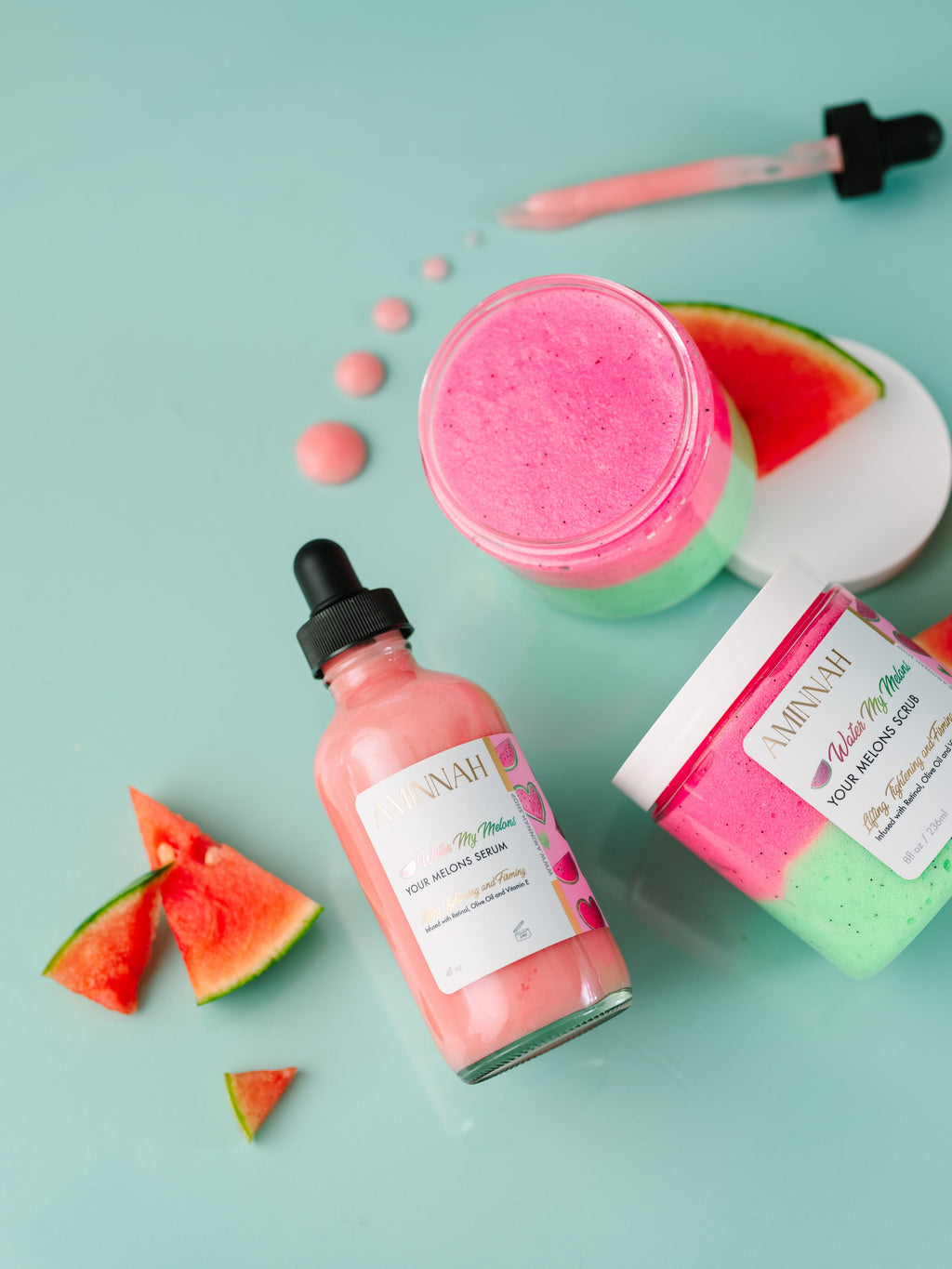 "Water My Melons" skincare bundle featuring watermelon-inspired boob butter, body scrub, and serum with watermelon extract, vitamin E, and retinol. Clean beauty, vegan, cruelty-free skincare made with natural ingredients by a female-owned brand to help hydrate, brighten, firm, smooth, and nourish skin for a healthy, radiant glow.