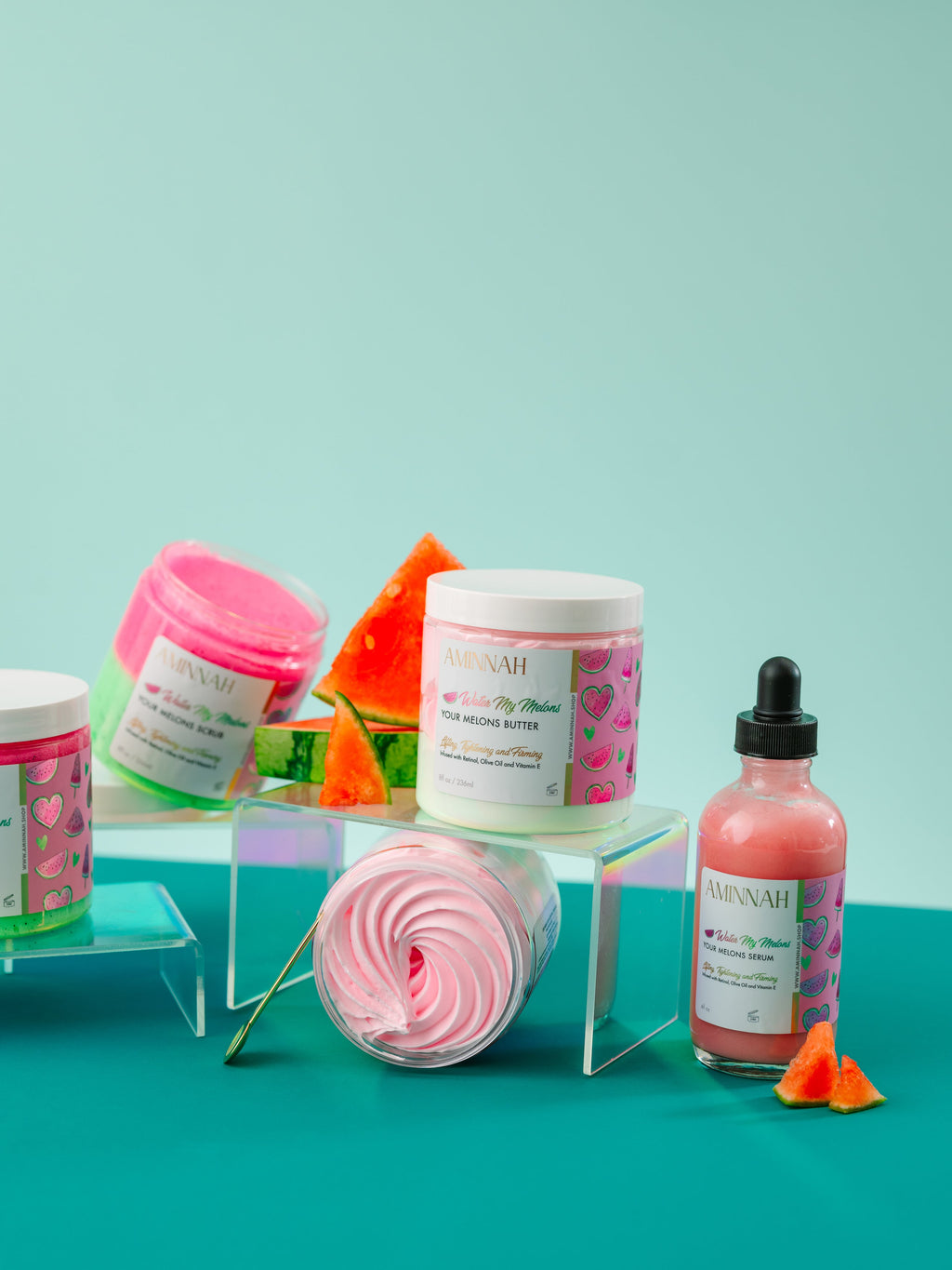 AMINNAH BOOBS & BOOTY CARE Bundle featuring luxurious body butters, exfoliating sugar scrubs, and nourishing serums made with watermelon, pineapple, raspberry, botanical extracts, shea butter, natural oils, and retinol to help hydrate, exfoliate, firm, smooth, tighten, and promote healthier-looking skin. Premium clean beauty skincare gift set crafted with natural ingredients, cruelty-free, vegan-friendly formulas from a female-owned brand for radiant, soft, glowing skin and the ultimate self-care experience